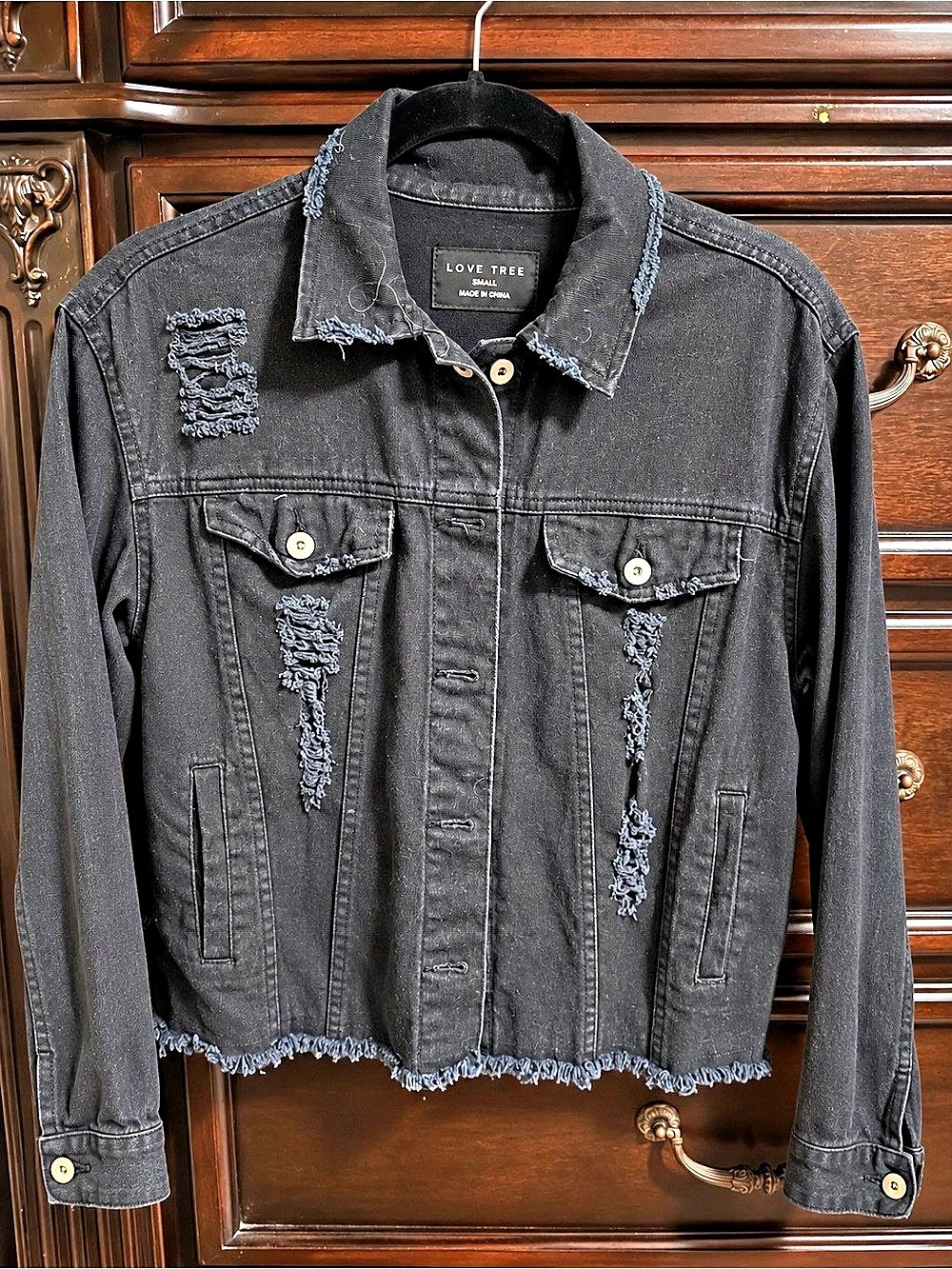Love Tree Distressed Denim Jacket in Black